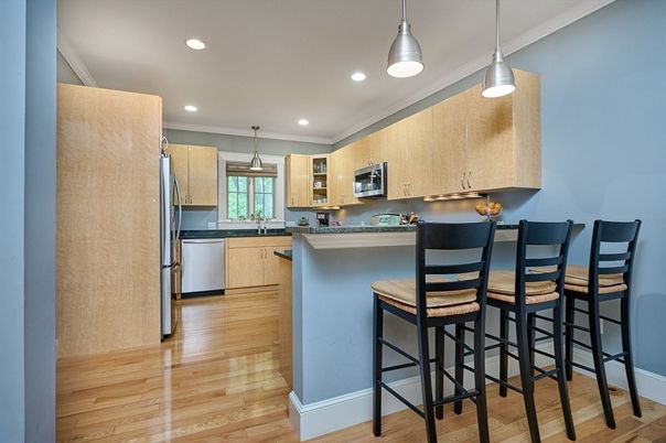 Interior, Kitchen, Pendant Lights, Recessed Lighting, Stainless Steel Appliances, Wood Texture Flooring