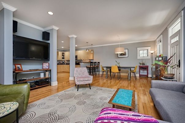 Dining room, Interior, Pendant Lights, Recessed Lighting, Wood Texture Flooring