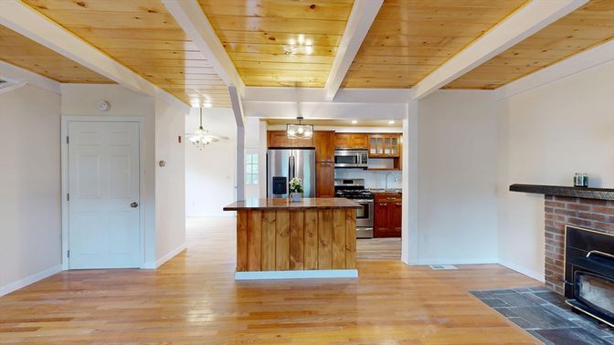 Fireplace, Interior, Kitchen, Pendant Lights, Stainless Steel Appliances, Wooden Ceilings, Wood Texture Flooring
