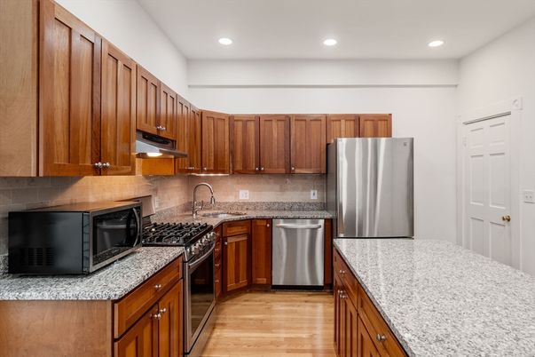 Interior, Kitchen, Recessed Lighting, Stainless Steel Appliances, Wood Texture Flooring