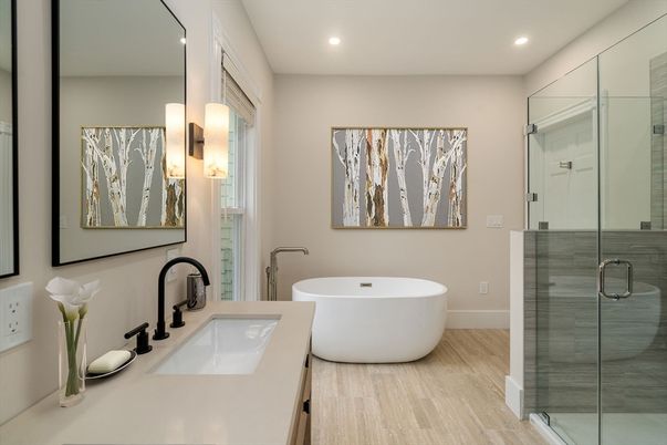 Bathroom, Dual Sink Vanities, Free Standing Baths, Glass Shower, Interior, Recessed Lighting, Wood Texture Flooring