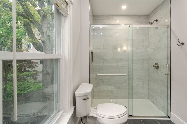 Bathroom, Glass Shower, Interior, Marble Walls, Recessed Lighting