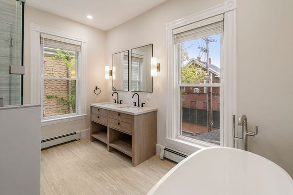 Bathroom, Dual Sink Vanities, Free Standing Baths, Interior, Recessed Lighting, Wood Texture Flooring