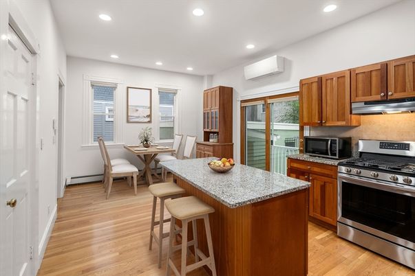 Dining room, Interior, Kitchen, Recessed Lighting, Stainless Steel Appliances, Wood Texture Flooring