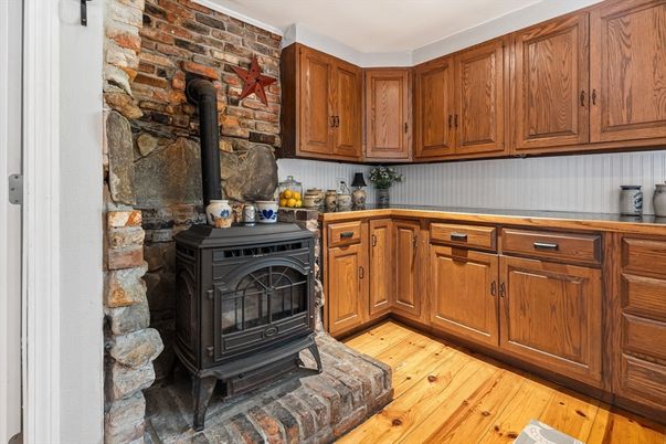 Fireplace, Interior, Kitchen, Stone Walls, Wood Texture Flooring