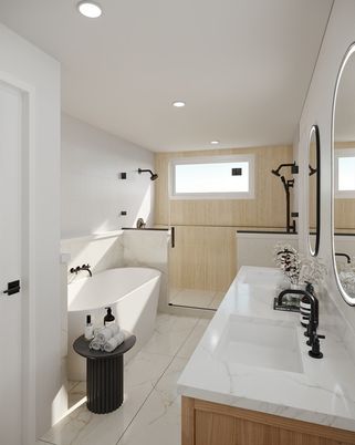 Bathroom, Dual Sink Vanities, Free Standing Baths, Interior, Marble, Recessed Lighting
