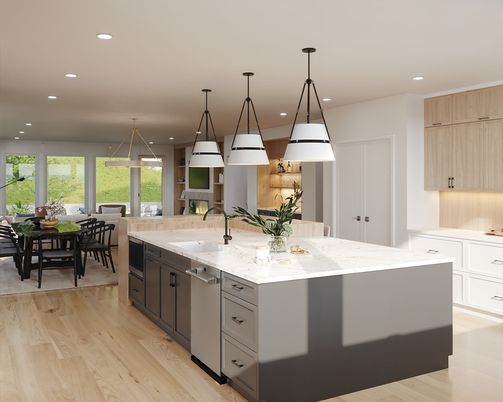 Dining room, Interior, Kitchen, Pendant Lights, Recessed Lighting, Wood Texture Flooring