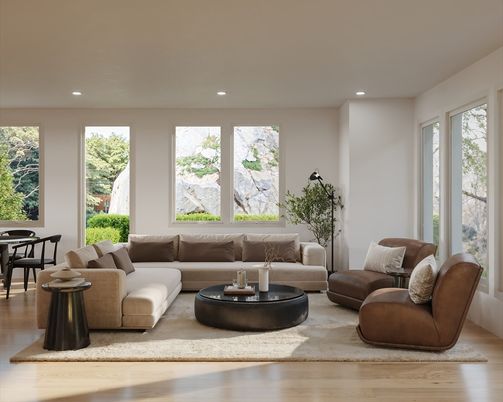 Dining room, Interior, Living room, Recessed Lighting, Wood Texture Flooring