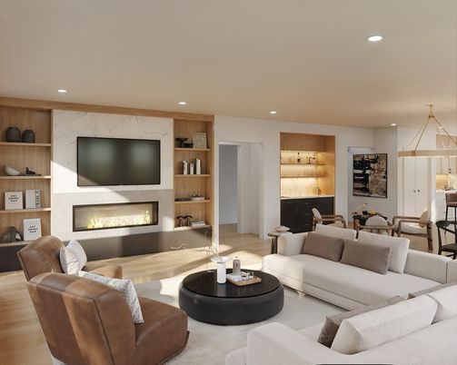 Fireplace, Interior, Living room, Marble Walls, Pendant Lights, Recessed Lighting, Wood Texture Flooring