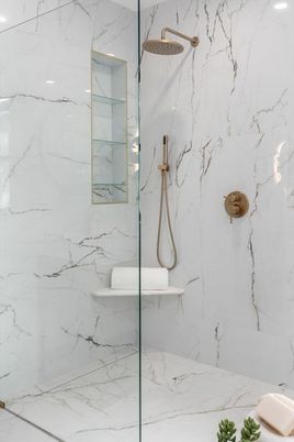Bathroom, Glass Shower, Interior, Marble Walls