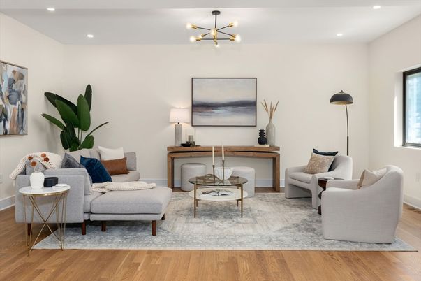 Interior, Living room, Pendant Lights, Recessed Lighting, Wood Texture Flooring