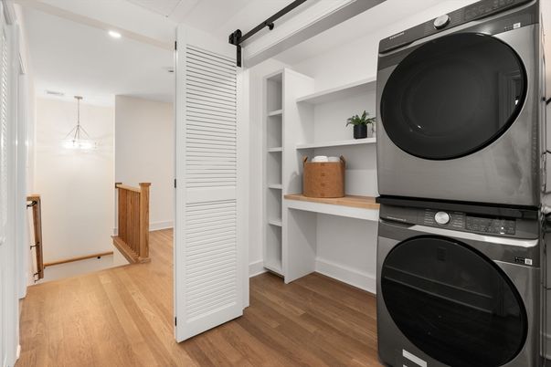 Interior, Pendant Lights, Recessed Lighting, Utility Closets, Washer, Wood Texture Flooring