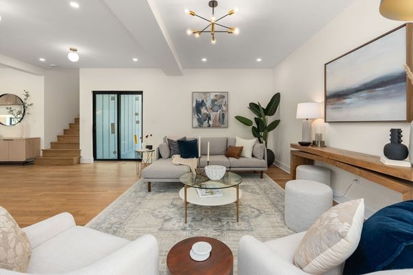 Interior, Living room, Pendant Lights, Recessed Lighting, Wood Texture Flooring