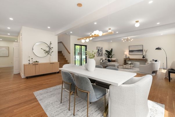 Dining room, Interior, Living room, Pendant Lights, Recessed Lighting, Wood Texture Flooring