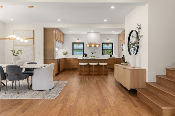Dining room, Interior, Kitchen, Pendant Lights, Recessed Lighting, Wood Texture Flooring