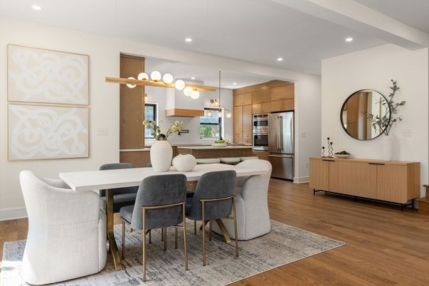 Dining room, Interior, Kitchen, Pendant Lights, Recessed Lighting, Stainless Steel Appliances, Wood Texture Flooring