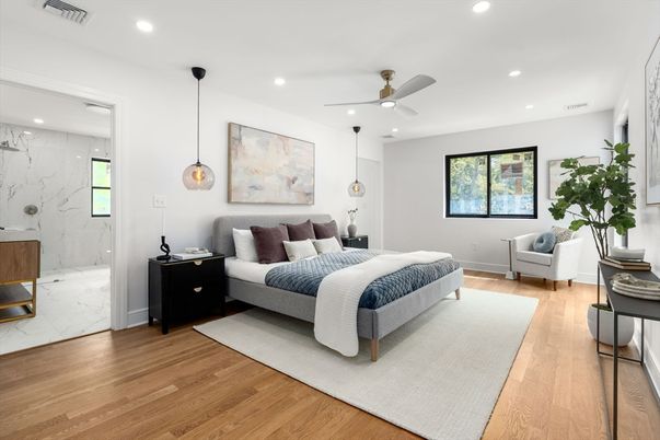 Bedroom, Interior, Marble, Marble Walls, Pendant Lights, Recessed Lighting, Wood Texture Flooring