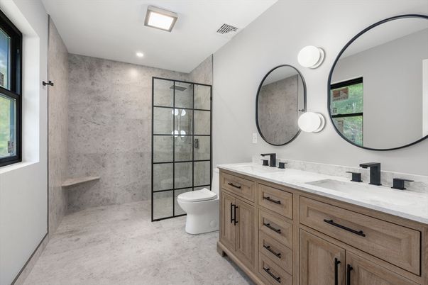 Bathroom, Dual Sink Vanities, Glass Shower, Interior, Recessed Lighting