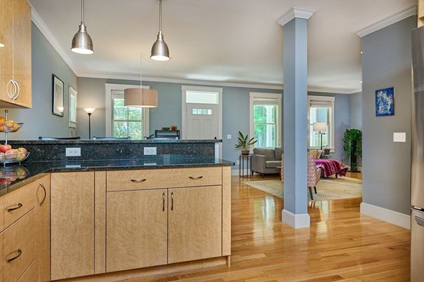 Interior, Kitchen, Living room, Pendant Lights, Wood Texture Flooring
