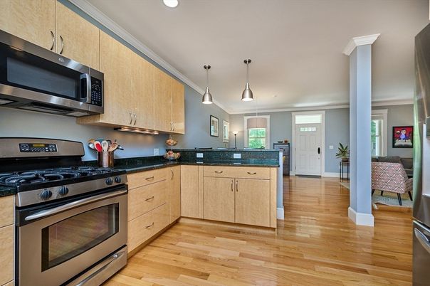 Interior, Kitchen, Pendant Lights, Recessed Lighting, Stainless Steel Appliances, Wood Texture Flooring