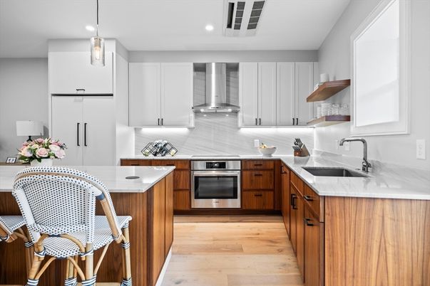 Interior, Kitchen, Pendant Lights, Recessed Lighting, Stainless Steel Appliances, Wood Texture Flooring