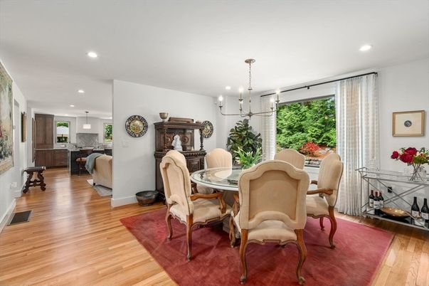 Dining room, Interior, Kitchen, Pendant Lights, Recessed Lighting, Wood Texture Flooring