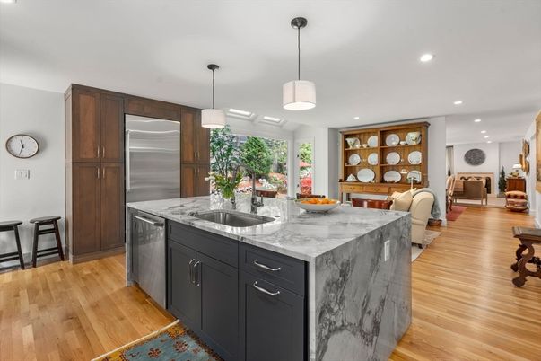 Interior, Kitchen, Pendant Lights, Recessed Lighting, Stainless Steel Appliances, Wood Texture Flooring