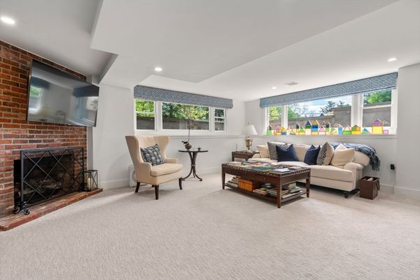 Fireplace, Interior, Living room, Recessed Lighting, Stone Walls
