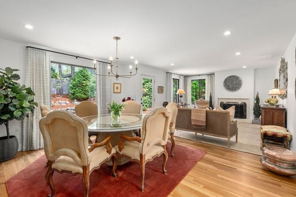 Dining room, Fireplace, Interior, Living room, Pendant Lights, Recessed Lighting, Wood Texture Flooring