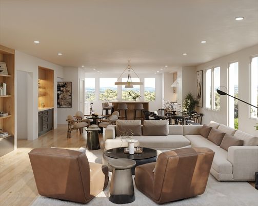 Dining room, Interior, Living room, Pendant Lights, Recessed Lighting, Wood Texture Flooring