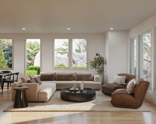 Dining room, Interior, Living room, Recessed Lighting, Wood Texture Flooring