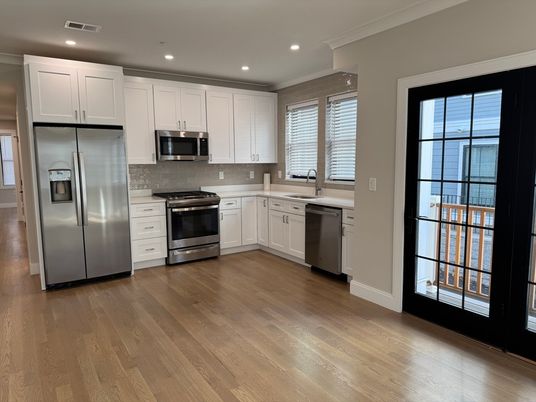 Interior, Kitchen, Recessed Lighting, Stainless Steel Appliances, Wood Texture Flooring