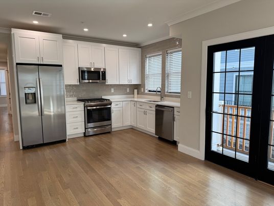 Interior, Kitchen, Recessed Lighting, Stainless Steel Appliances, Wood Texture Flooring