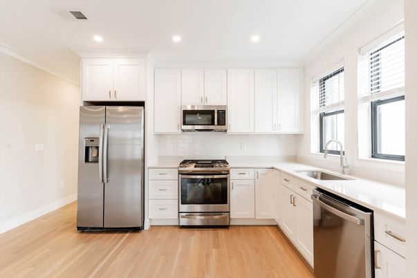 Interior, Kitchen, Recessed Lighting, Stainless Steel Appliances, Wood Texture Flooring