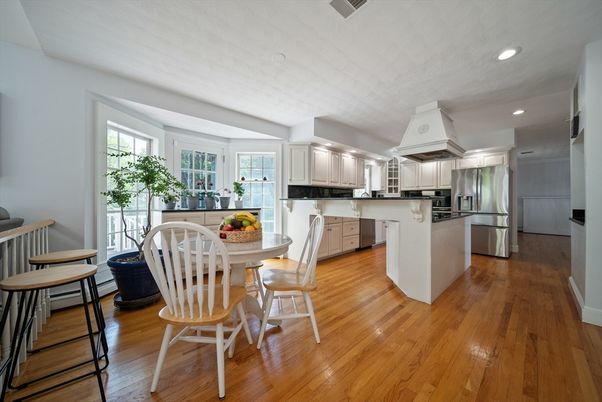 Dining room, Interior, Kitchen, Recessed Lighting, Stainless Steel Appliances, Wood Texture Flooring