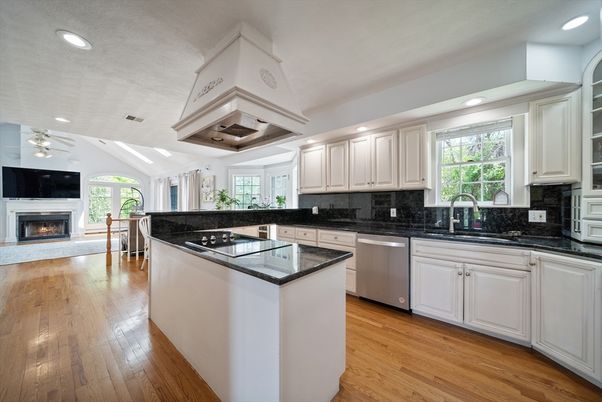 Fireplace, Interior, Kitchen, Recessed Lighting, Wood Texture Flooring
