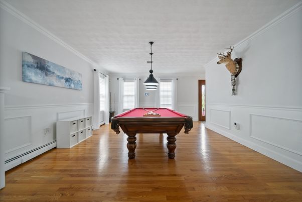 Billiard Table, Game Room, Interior, Pendant Lights, Wood Texture Flooring