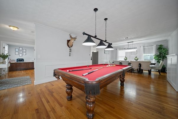 Billiard Table, Dining room, Game Room, Interior, Pendant Lights, Wood Texture Flooring
