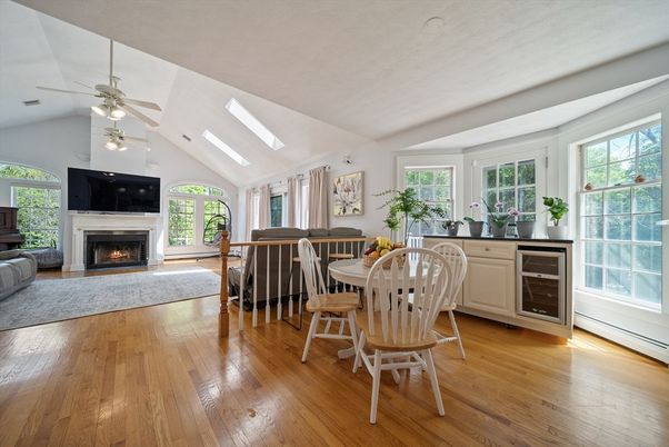 Dining room, Fireplace, Interior, Wood Texture Flooring