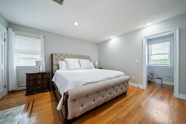 Bedroom, Interior, Recessed Lighting, Wood Texture Flooring