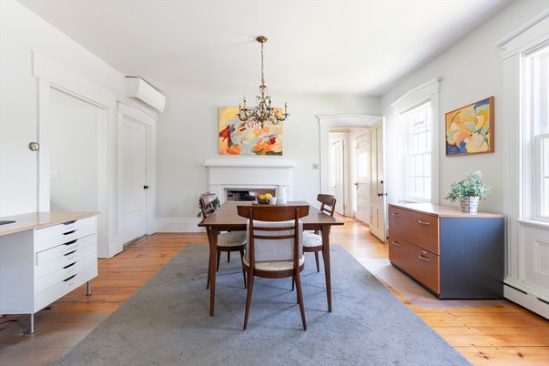 Chandelier, Dining room, Fireplace, Interior, Wood Texture Flooring