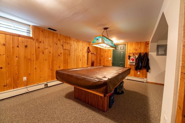 Billiard Table, Game Room, Interior, Pendant Lights, Wooden Walls
