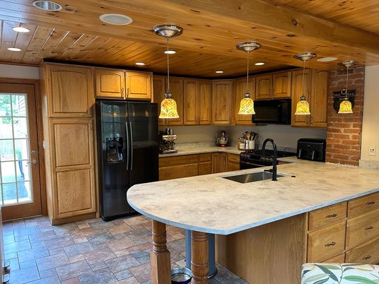 Interior, Kitchen, Pendant Lights, Recessed Lighting, Stone Walls, Wooden Ceilings