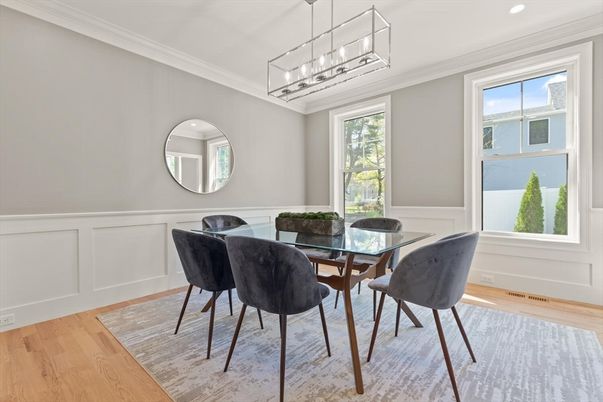 Dining room, Interior, Pendant Lights, Recessed Lighting, Wood Texture Flooring