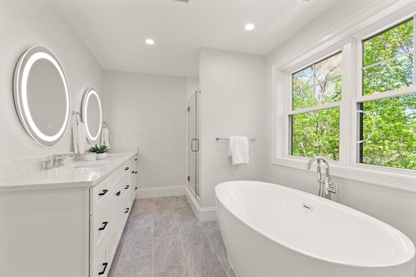 Bathroom, Dual Sink Vanities, Free Standing Baths, Interior, Recessed Lighting