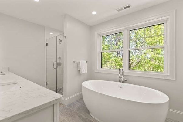 Bathroom, Free Standing Baths, Glass Shower, Interior, Marble, Marble Walls, Recessed Lighting