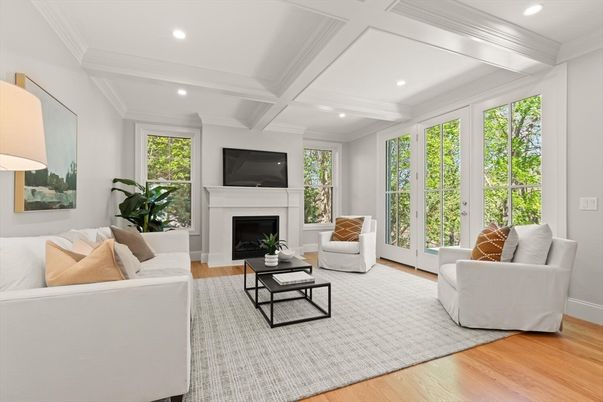 Fireplace, Interior, Living room, Recessed Lighting, Wood Texture Flooring
