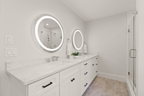 Bathroom, Dual Sink Vanities, Glass Shower, Interior, Recessed Lighting