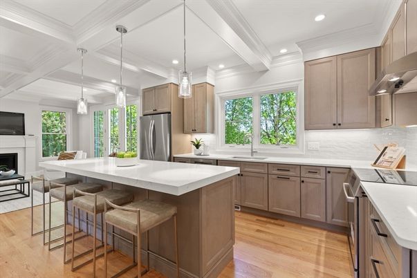 Fireplace, Interior, Kitchen, Pendant Lights, Recessed Lighting, Stainless Steel Appliances, Wood Texture Flooring