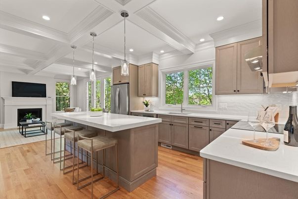 Fireplace, Interior, Kitchen, Pendant Lights, Recessed Lighting, Wood Texture Flooring